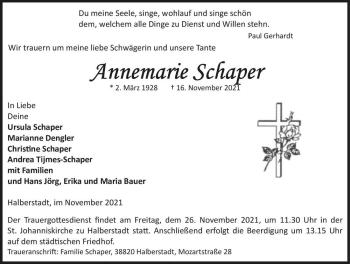 Traueranzeige von Annemarie Schaper  von Magdeburger Volksstimme