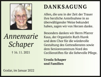 Traueranzeige von Annemarie Schaper  von Magdeburger Volksstimme