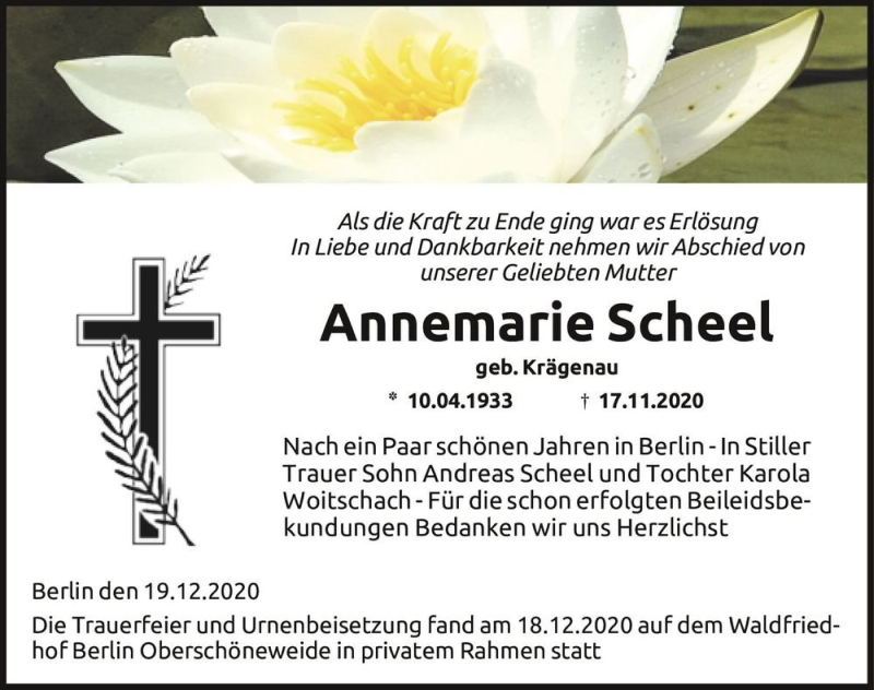  Traueranzeige für Annemarie Scheel (geb. Krägenau)  vom 19.12.2020 aus Magdeburger Volksstimme