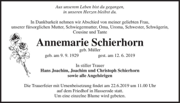 Traueranzeige von Annemarie Schierhorn (geb. Müller)  von Magdeburger Volksstimme