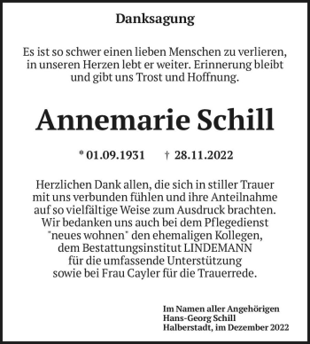 Traueranzeige von Annemarie Schill  von Magdeburger Volksstimme