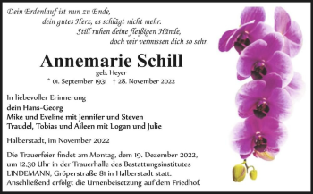 Traueranzeige von Annemarie Schill (geb. Heyer)  von Magdeburger Volksstimme