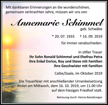 Traueranzeige von Annemarie Schimmel (geb. Schwäbe)  von Magdeburger Volksstimme