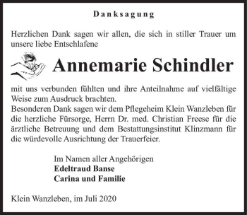 Traueranzeige von Annemarie Schindler  von Magdeburger Volksstimme
