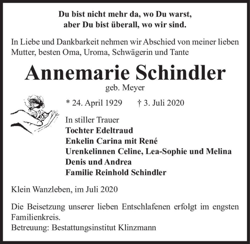  Traueranzeige für Annemarie Schindler (geb. Meyer)  vom 08.07.2020 aus Magdeburger Volksstimme