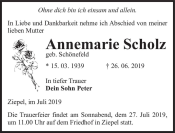Traueranzeige von Annemarie Scholz (geb. Schönefeld)  von Magdeburger Volksstimme