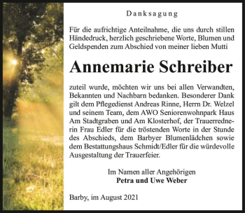 Traueranzeige von Annemarie Schreiber  von Magdeburger Volksstimme