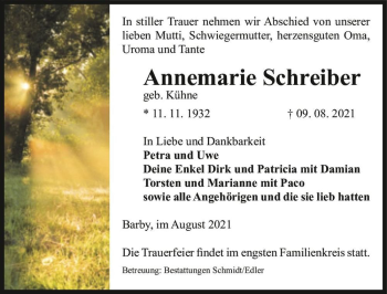 Traueranzeige von Annemarie Schreiber (geb. Kühne)  von Magdeburger Volksstimme