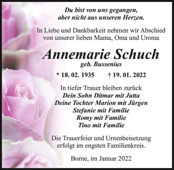 Traueranzeige von Annemarie Schuch (geb. Bussenius)  von Magdeburger Volksstimme