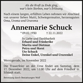 Traueranzeige von Annemarie Schuck  von Magdeburger Volksstimme