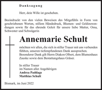 Traueranzeige von Annemarie Schult  von Magdeburger Volksstimme