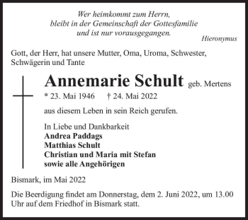 Traueranzeige von Annemarie Schult (geb. Mertens)  von Magdeburger Volksstimme