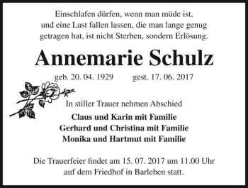 Traueranzeige von Annemarie Schulz  von Magdeburger Volksstimme