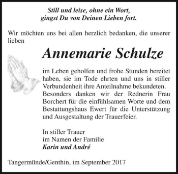 Traueranzeige von Annemarie Schulze  von Magdeburger Volksstimme