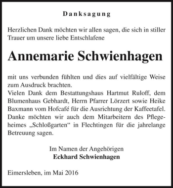 Traueranzeige von Annemarie Schwienhagen  von Magdeburger Volksstimme