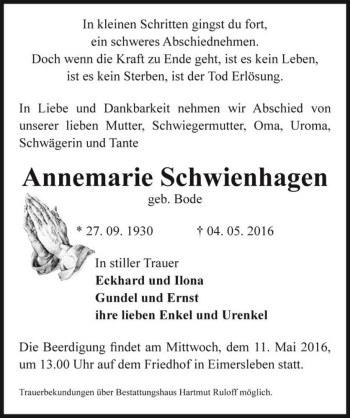 Traueranzeige von Annemarie Schwienhagen (geb. Bode)  von Magdeburger Volksstimme