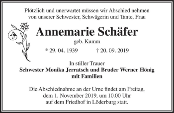 Traueranzeige von Annemarie Schäfer (geb. Kumm)  von Magdeburger Volksstimme