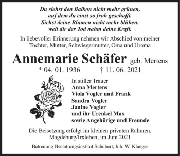 Traueranzeige von Annemarie Schäfer (geb. Mertens)  von Magdeburger Volksstimme