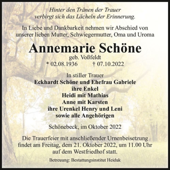 Traueranzeige von Annemarie Schöne (geb. Voßfeldt)  von Magdeburger Volksstimme