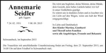 Traueranzeige von Annemarie Seidler (geb. Eggers)  von Magdeburger Volksstimme