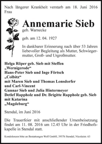 Traueranzeige von Annemarie Sieb (geb. Warnecke)  von Magdeburger Volksstimme