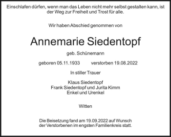 Traueranzeige von Annemarie Siedentopf (geb. Schünemann)  von Magdeburger Volksstimme