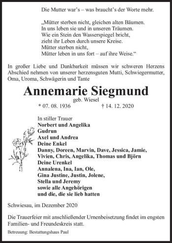 Traueranzeige von Annemarie Siegmund (geb. Wiesel)  von Magdeburger Volksstimme