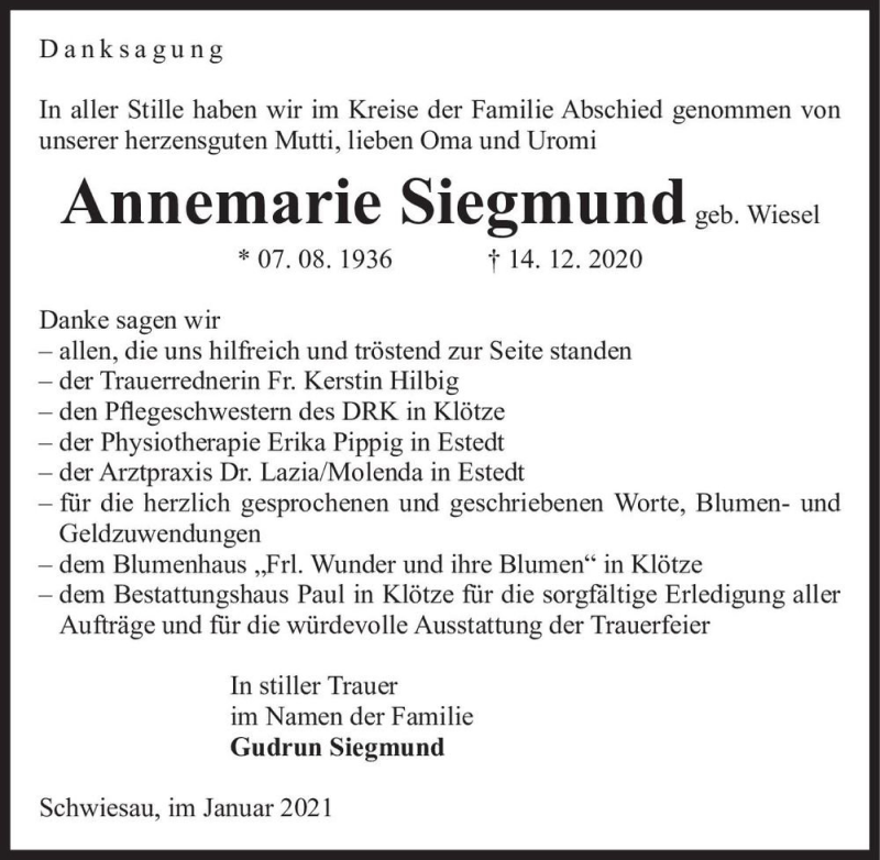  Traueranzeige für Annemarie Siegmund (geb. Wiesel)  vom 26.01.2021 aus Magdeburger Volksstimme