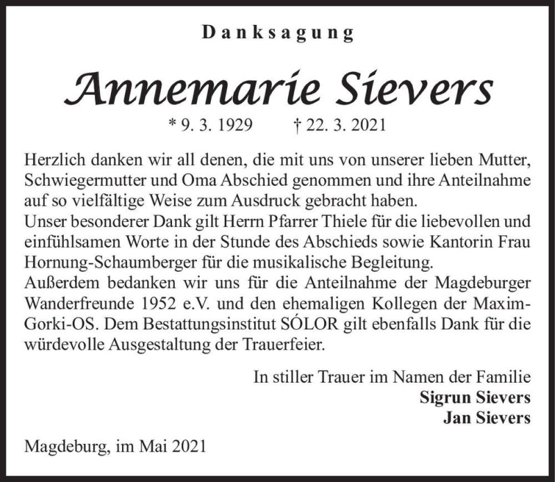  Traueranzeige für Annemarie Sievers  vom 22.05.2021 aus Magdeburger Volksstimme