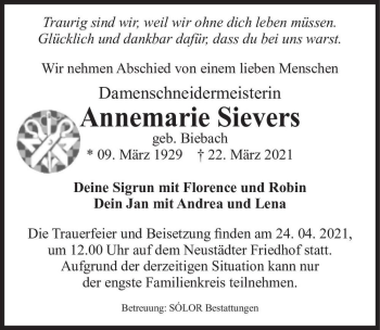 Traueranzeige von Annemarie Sievers (geb. Biebach)  von Magdeburger Volksstimme
