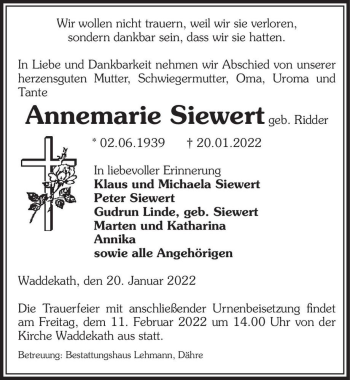 Traueranzeige von Annemarie Siewert (geb. Ridder)  von Magdeburger Volksstimme