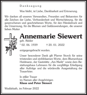 Traueranzeige von Annemarie Siewert (geb. Ridder)  von Magdeburger Volksstimme