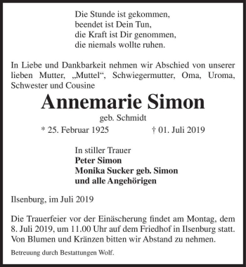 Traueranzeige von Annemarie Simon (geb. Schmidt)  von Magdeburger Volksstimme