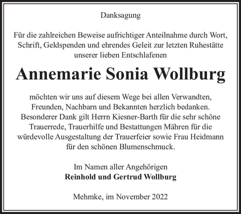  Traueranzeige für Annemarie Sonia Wollburg  vom 12.11.2022 aus Magdeburger Volksstimme