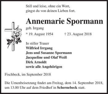 Traueranzeige von Annemarie Spormann (geb. Irrgang)  von Magdeburger Volksstimme