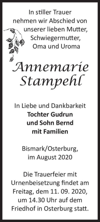 Traueranzeige von Annemarie Stampehl  von Magdeburger Volksstimme