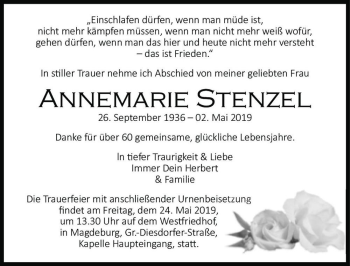 Traueranzeige von Annemarie Stenzel  von Magdeburger Volksstimme