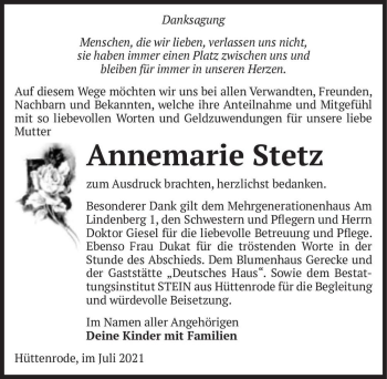 Traueranzeige von Annemarie Stetz  von Magdeburger Volksstimme