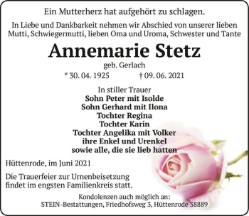 Traueranzeige von Annemarie Stetz (geb. Gerlach)  von Magdeburger Volksstimme