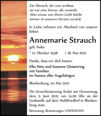 Traueranzeige von Annemarie Strauch (geb. Nolte)  von Magdeburger Volksstimme