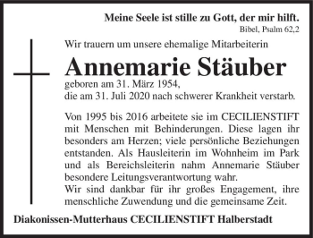 Traueranzeige von Annemarie Stäuber  von Magdeburger Volksstimme