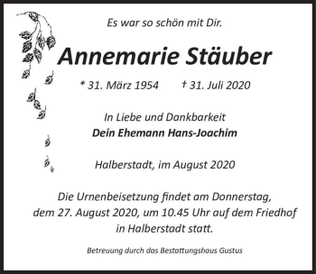 Traueranzeige von Annemarie Stäuber  von Magdeburger Volksstimme