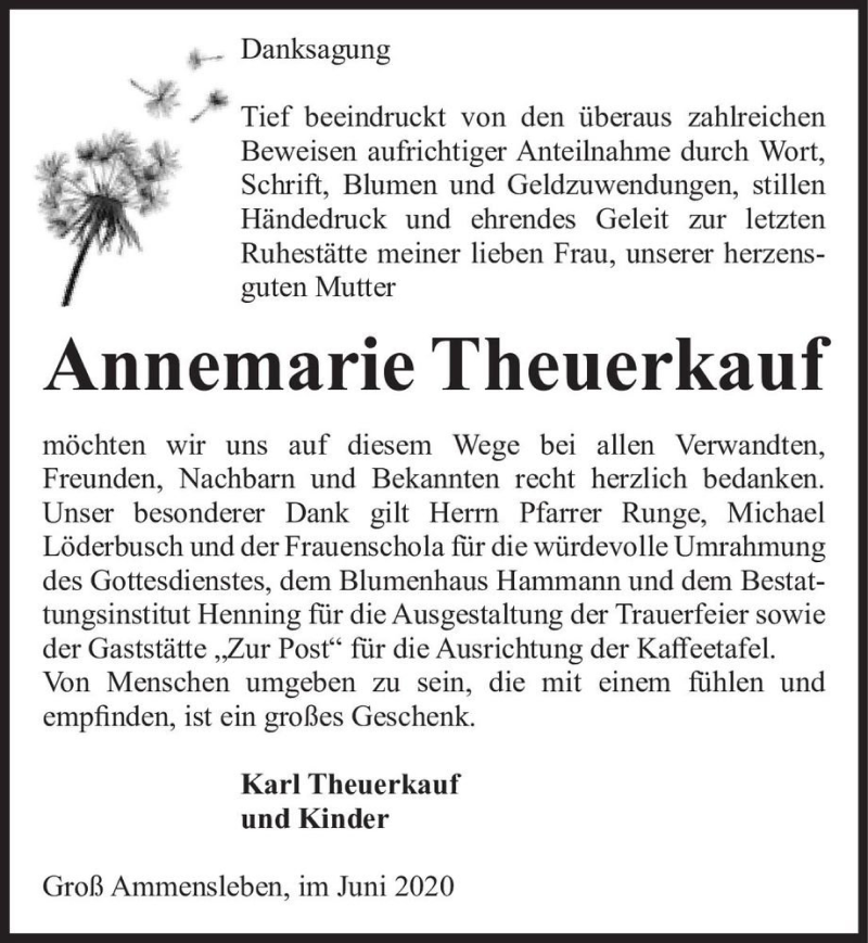  Traueranzeige für Annemarie Theuerkauf  vom 27.06.2020 aus Magdeburger Volksstimme