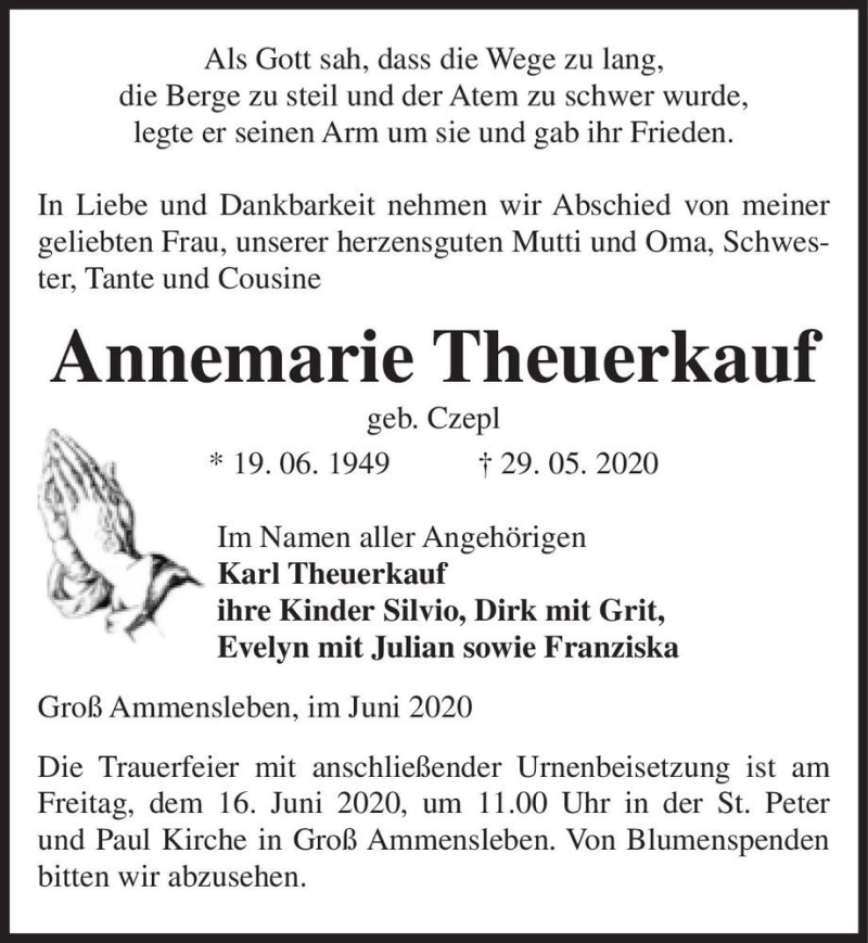  Traueranzeige für Annemarie Theuerkauf (geb. Czepl)  vom 06.06.2020 aus Magdeburger Volksstimme
