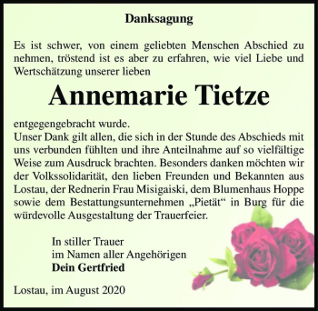 Traueranzeige von Annemarie Tietze  von Magdeburger Volksstimme