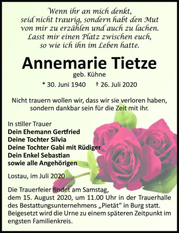 Traueranzeige von Annemarie Tietze (geb. Kühne)  von Magdeburger Volksstimme
