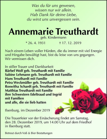 Traueranzeige von Annemarie Treuthardt (geb. Kindermann)  von Magdeburger Volksstimme