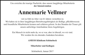 Traueranzeige von Annemarie Vellmer  von Magdeburger Volksstimme