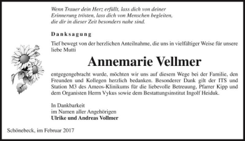 Traueranzeige von Annemarie Vellmer  von Magdeburger Volksstimme