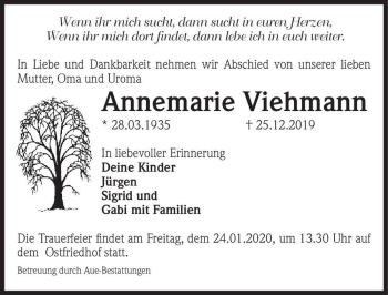 Traueranzeige von Annemarie Viehmann  von Magdeburger Volksstimme